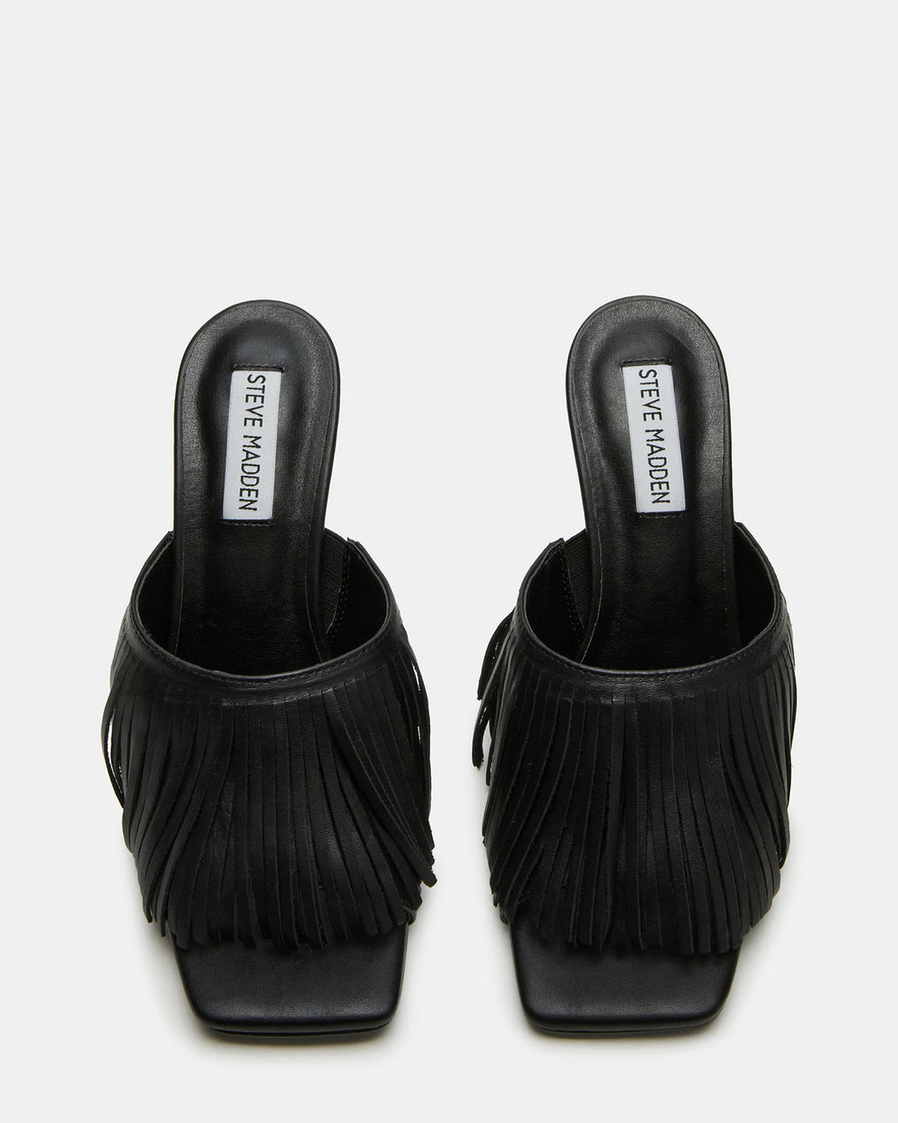 MORINA Black Leather Square-Toe Stiletto Mule Fringe Heel | Women's Heels