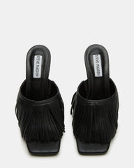 MORINA Black Leather Square-Toe Stiletto Mule Fringe Heel | Women's Heels
