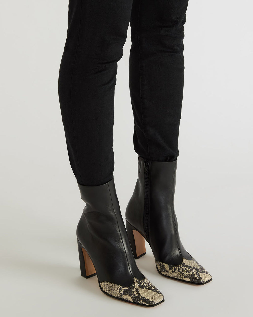 LYLE Black Leather with Snake Square-Toe Heeled Women's Ankle Boot