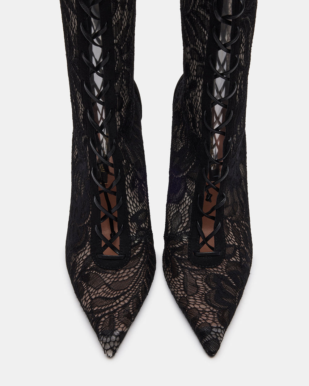 MAXINE Black Lace Pointed-Toe Knee-High Lace-Up Stiletto Women's Boot