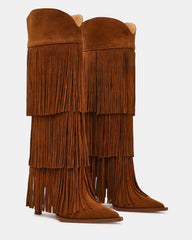 KINZEE Fringe Chestnut Suede Pointed-Toe Knee-High Western Stiletto Women's Boot