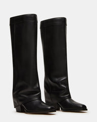WINNICK Black Leather Knee-High Cuffed Fold-Over Block Heel Women's Boot