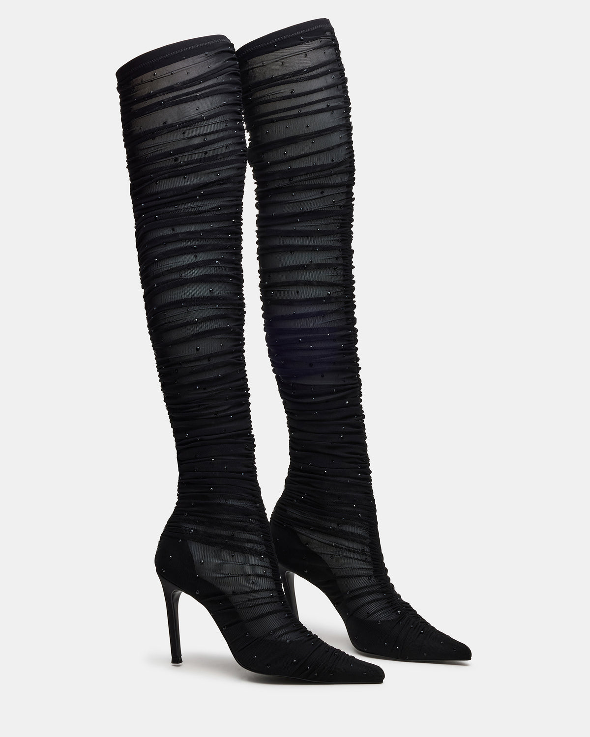 RASHIDA Black Mesh Over-The-Knee Pointed-Toe Rhinestone Stiletto Heel Women's Boot