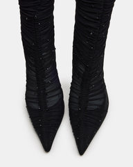 RASHIDA Black Mesh Over-The-Knee Pointed-Toe Rhinestone Stiletto Heel Women's Boot