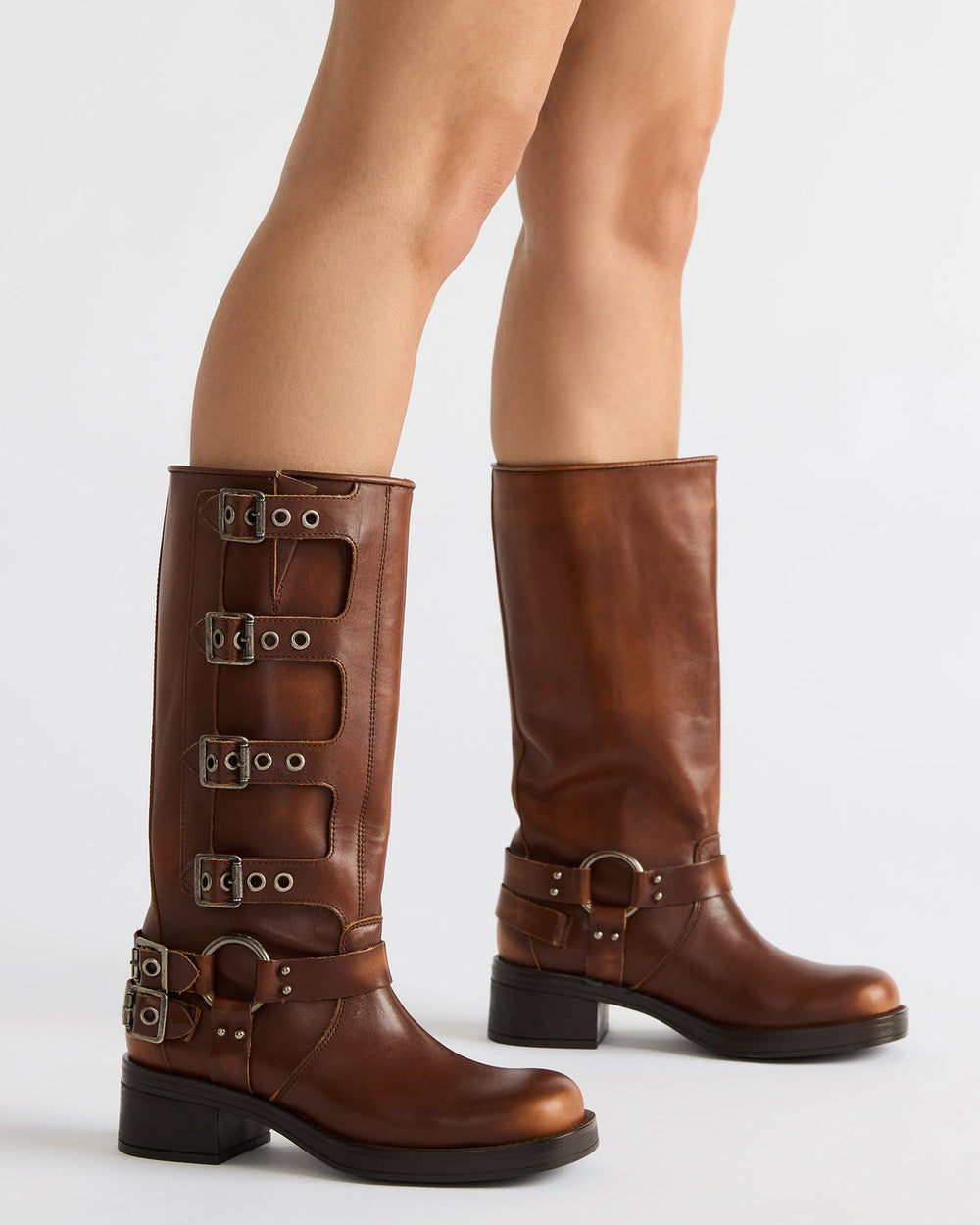 ROCKY Cognac Distressed Knee-High Moto Women's Boot