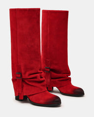 BOZEMAN Red Suede Knee-High Fold-Over Cuffed Women's Boot