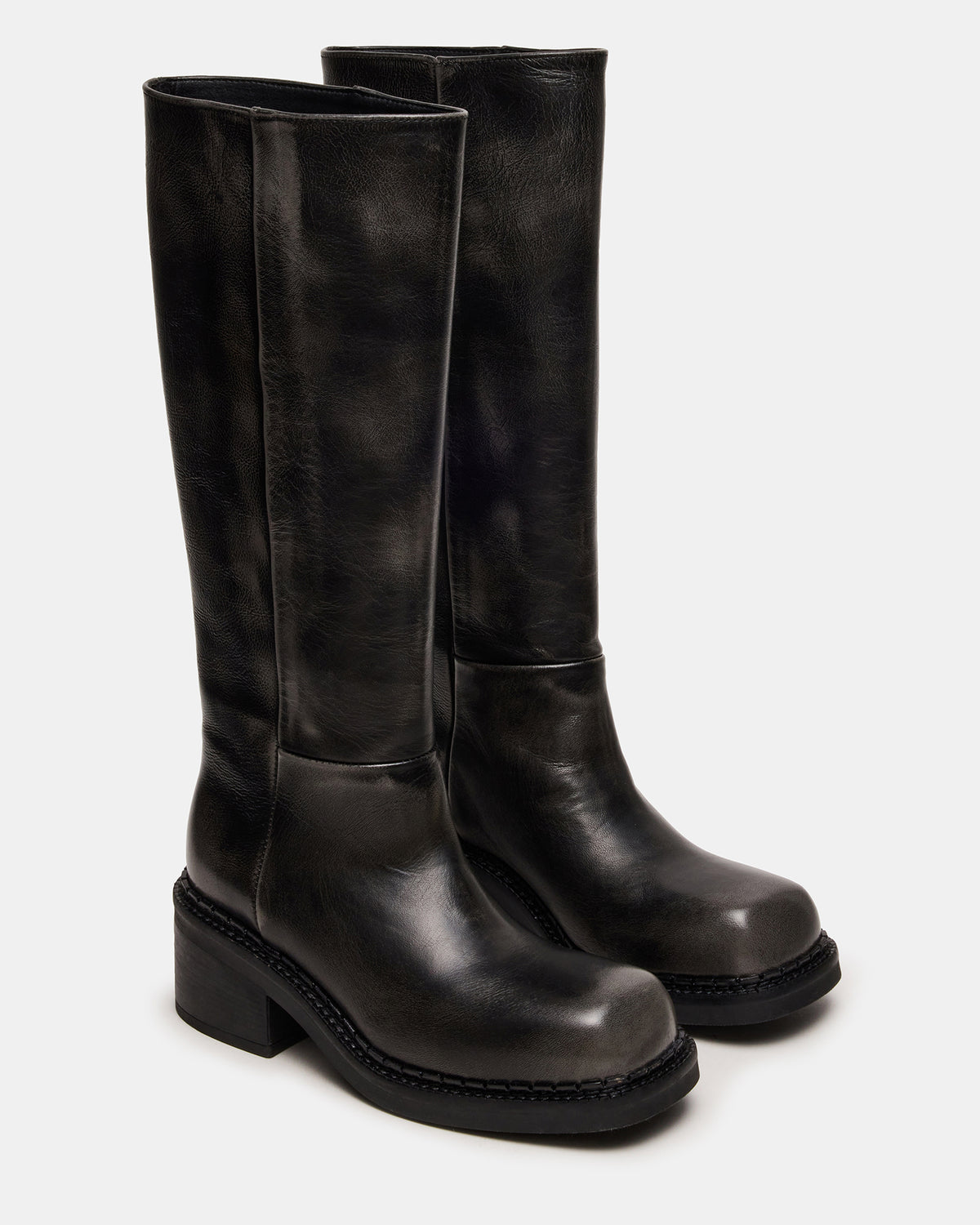 DAVOS Black Distressed Square-Toe Knee High Block Heel Women's Boot