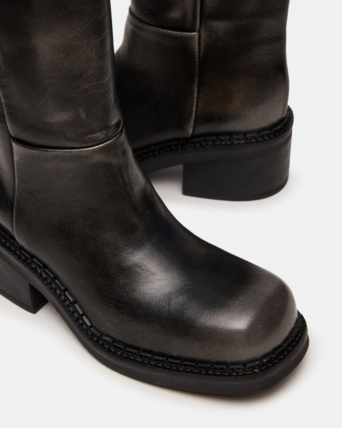 DAVOS Black Distressed Square-Toe Knee High Block Heel Women's Boot