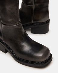 DAVOS Black Distressed Square-Toe Knee High Block Heel Women's Boot