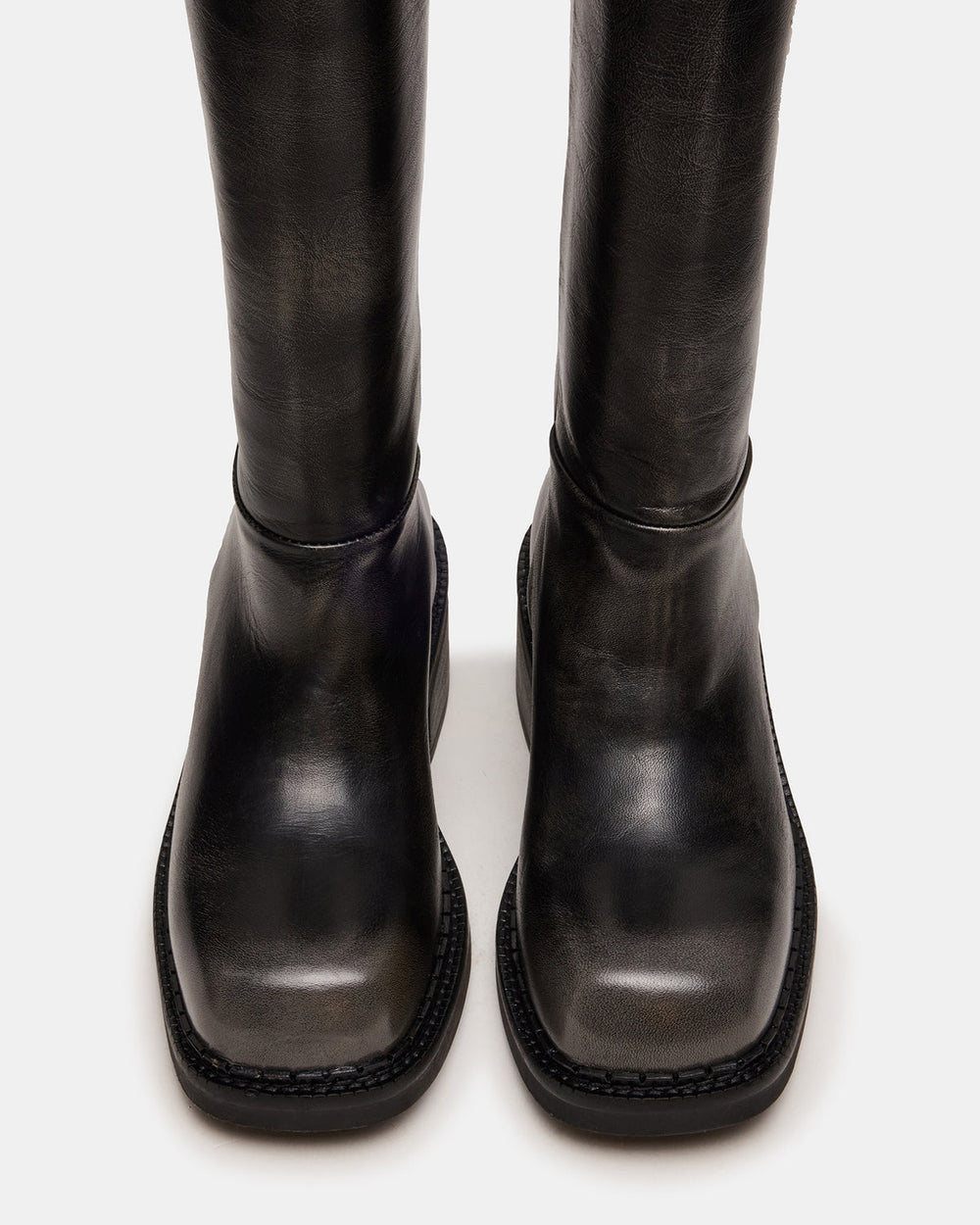 DAVOS Black Distressed Square-Toe Knee High Block Heel Women's Boot