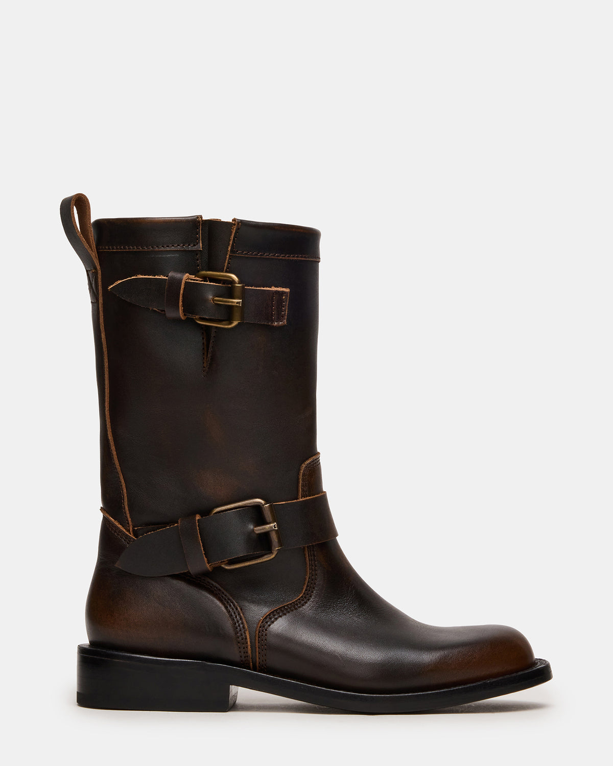 IRVING Black Distressed Buckle Moto Round-Toe Women's Boot