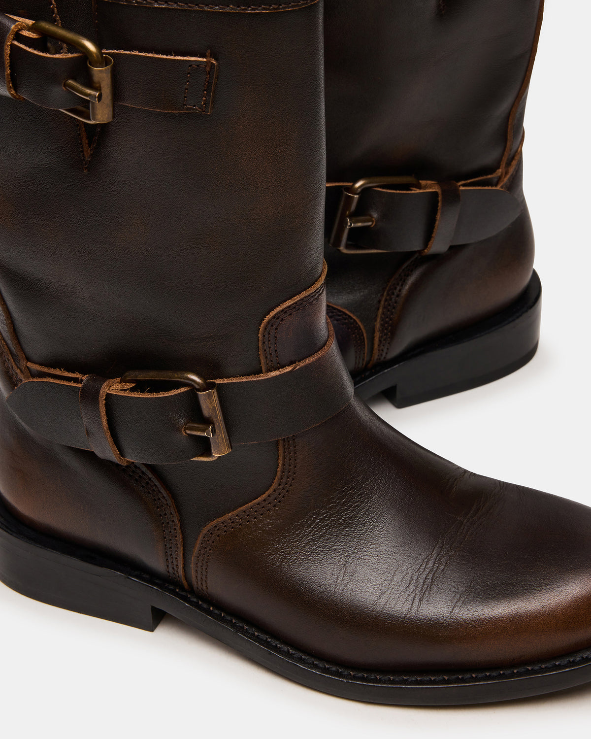 IRVING Black Distressed Buckle Moto Round-Toe Women's Boot