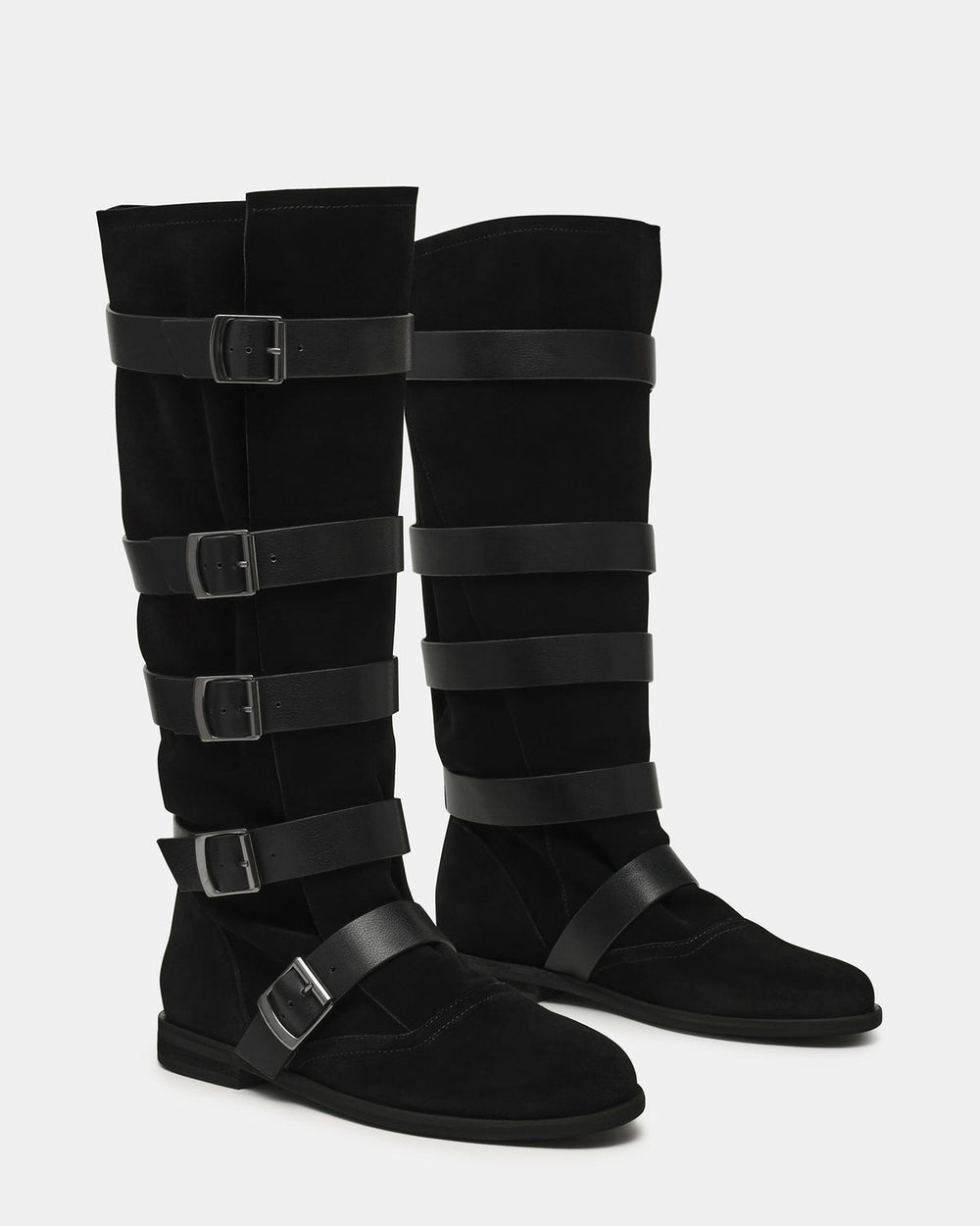 INDIO Black Suede Buckle Strap Knee-High Round-Toe Women's Boot