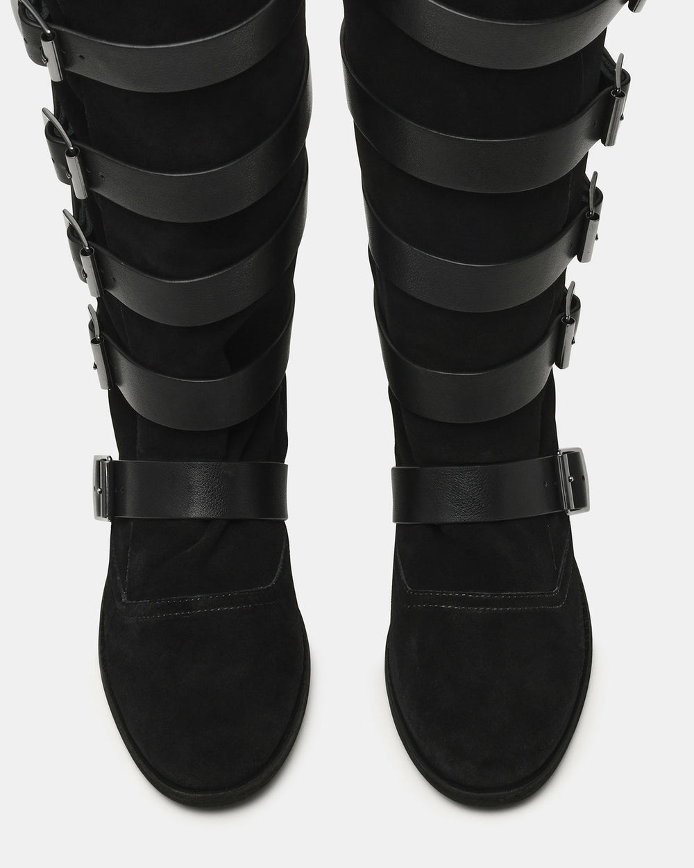 INDIO Black Suede Buckle Strap Knee-High Round-Toe Women's Boot