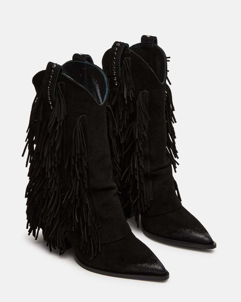 LANDMARK Black Suede Cuffed Fringe Western Women's Ankle Boot