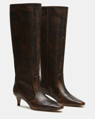 LANDER Brown Distressed Knee-High Kitten Heel Women's Boot