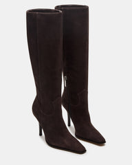 WESCOT Brown Suede Square-Toe Knee-High Heeled Women's Boot