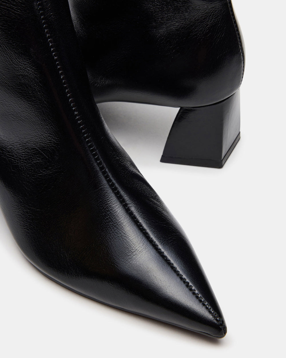 ASHLI Black Leather Pointed-Toe Block Heel Women's Ankle Boot