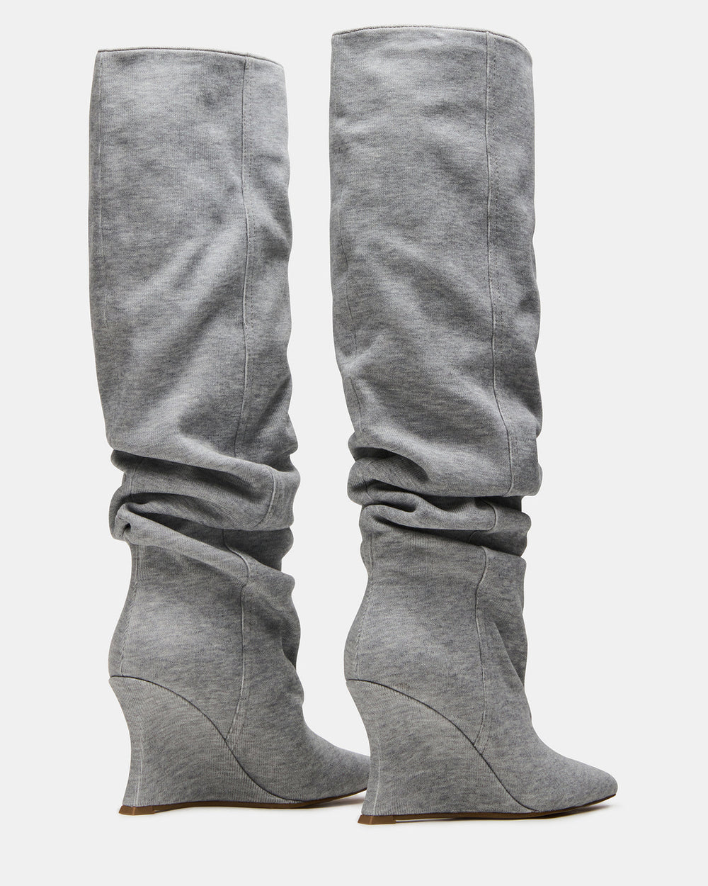 DISTORTION Grey Fabric Pointed-Toe Scrunched Knee-High Wedge Women's Boot