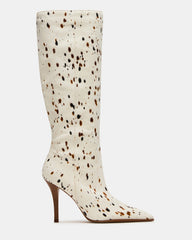 WESCOT Brown Cow Print quare-Toe Knee-High Heeled Women's Boot