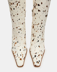 WESCOT Brown Cow Print quare-Toe Knee-High Heeled Women's Boot