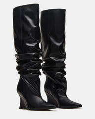 DISTORTION Black Pointed-Toe Scrunched Knee-High Wedge Women's Boot
