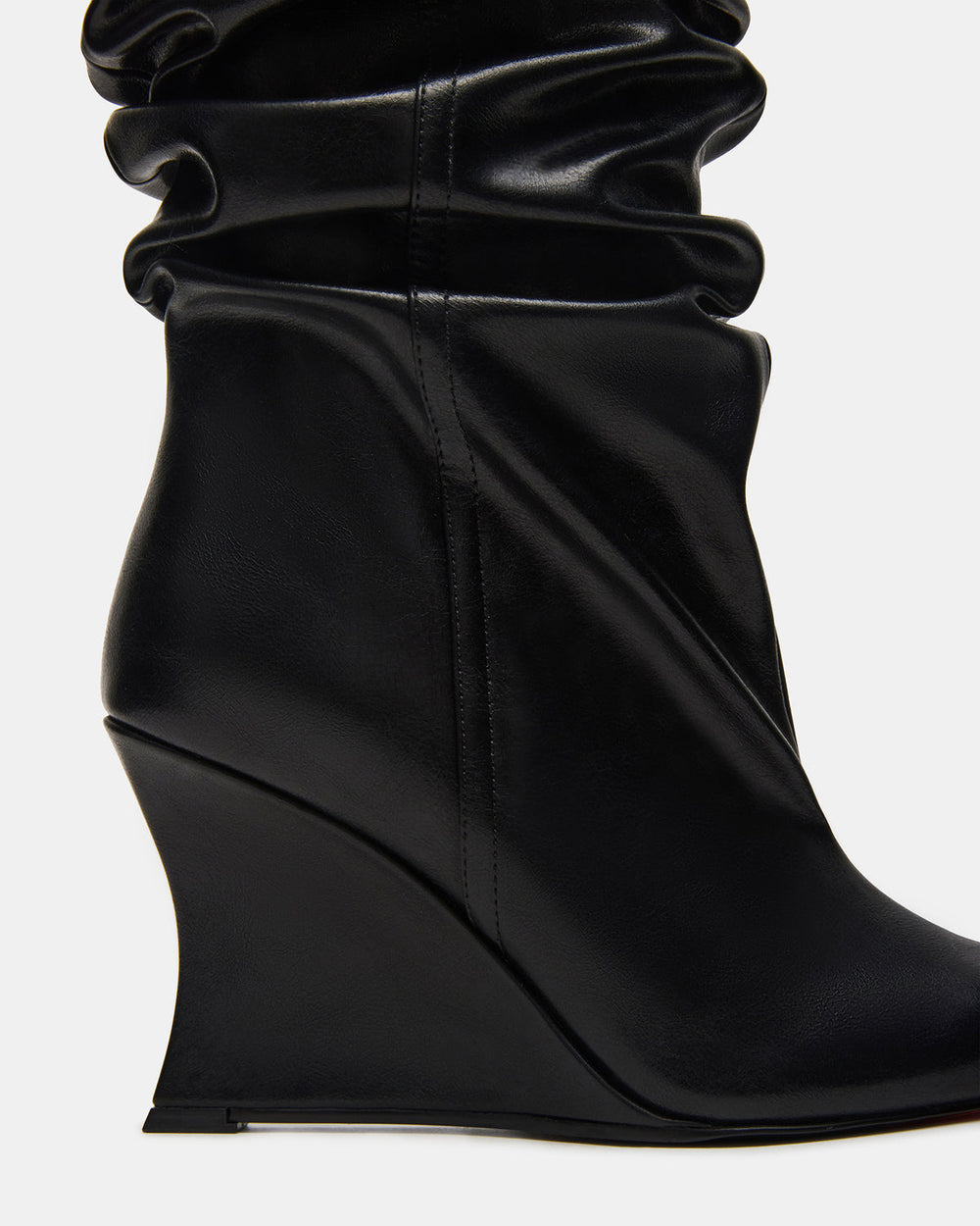 DISTORTION Black Pointed-Toe Scrunched Knee-High Wedge Women's Boot