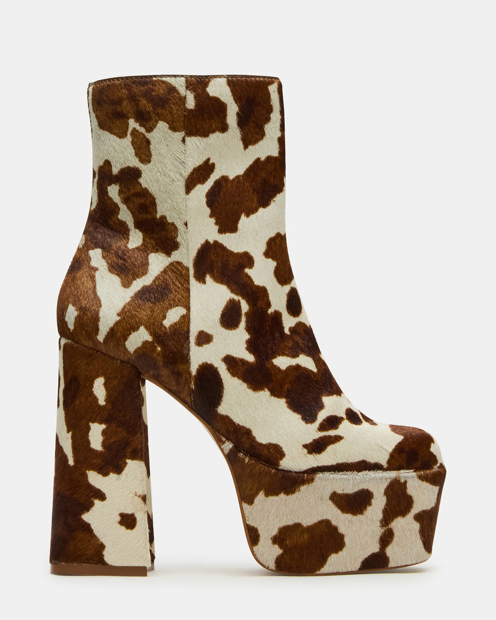 TRILLION Brown Cow Print Platform Square-Toe Block Heel Women's Ankle Boot