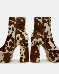 TRILLION Brown Cow Print Platform Square-Toe Block Heel Women's Ankle Boot
