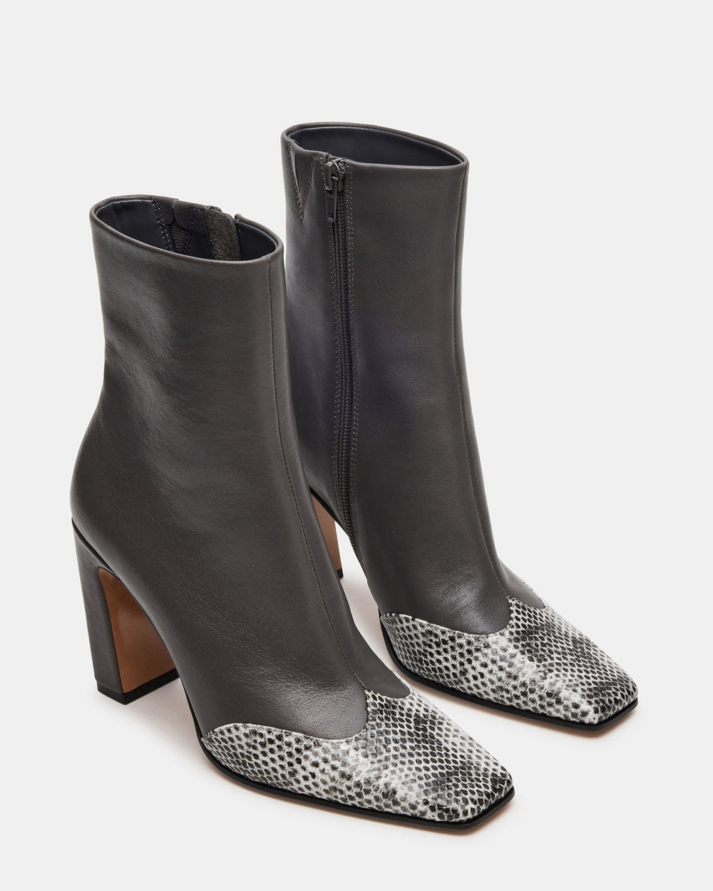 LYLE Grey Leather Square-Toe Heeled Women's Ankle Boot