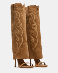 RAVINE Western Tan Suede Knee-High Cuffed Stiletto Heel Women's Boot