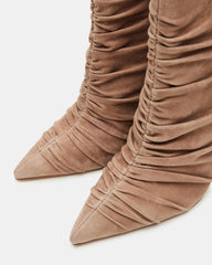 TEASE Taupe Suede Ruched Pointed Toe Ankle Boot | Women's Booties