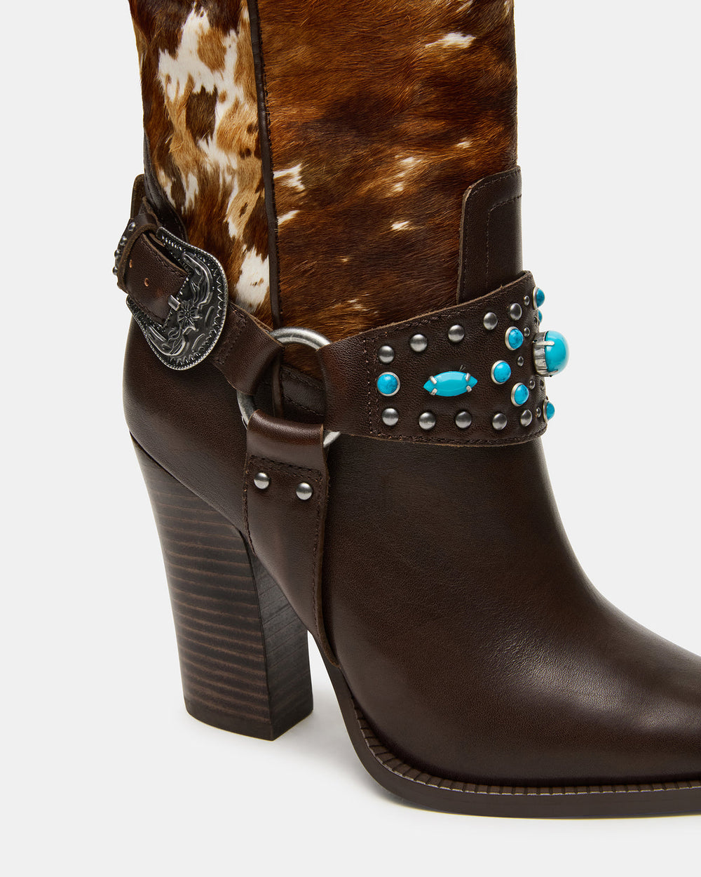 KOLT-H Brown Multi Pointed-Toe Knee-High Western Block Heel Women's Boot