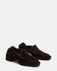 ESTEE Brown Suede Square-Toe Heeled Women's Loafer