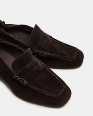ESTEE Brown Suede Square-Toe Heeled Women's Loafer