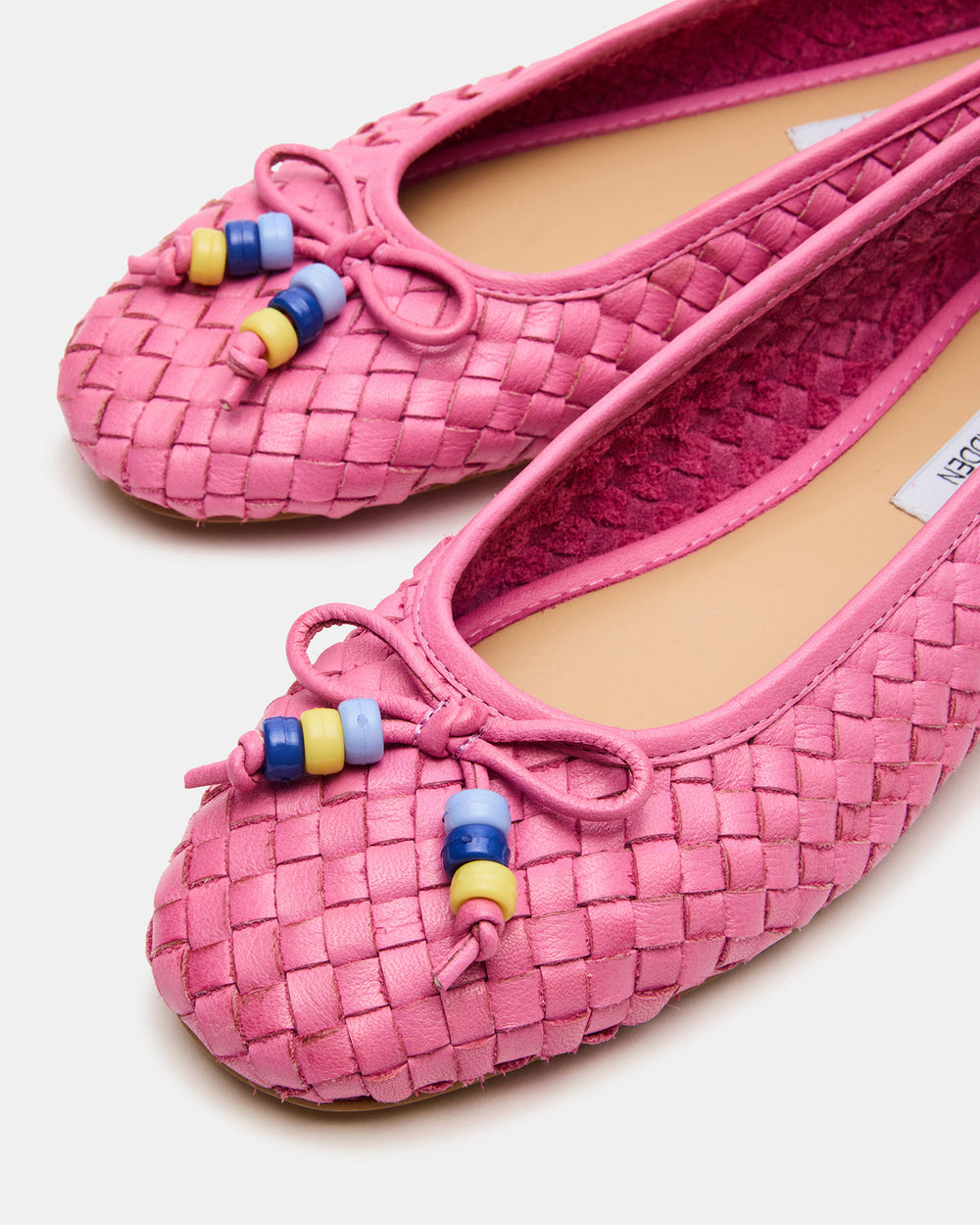DIVY Pink Leather Woven Bow Ballet Round-Toe Women's Flat