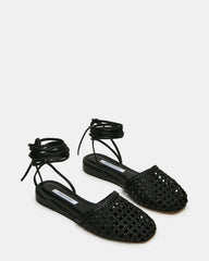 FLUTTER Black Leather Woven Mule Leg-Ties Strappy Women's Flat
