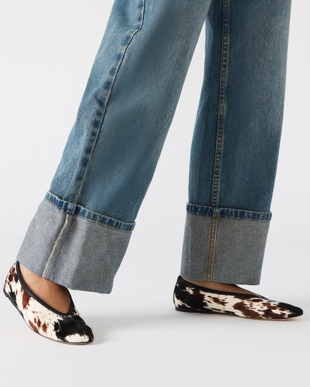 LENI Brown Cow Print Square-Toe Ballet Women's Flat