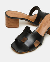 HANA Black Leather Square-Toe Mule Block Heel Women's Sandal
