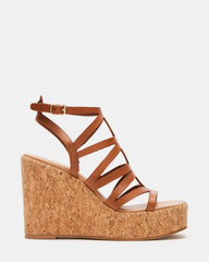 COZETTE Tan Leather Women's Platform Square-Toe Wedge Sandal