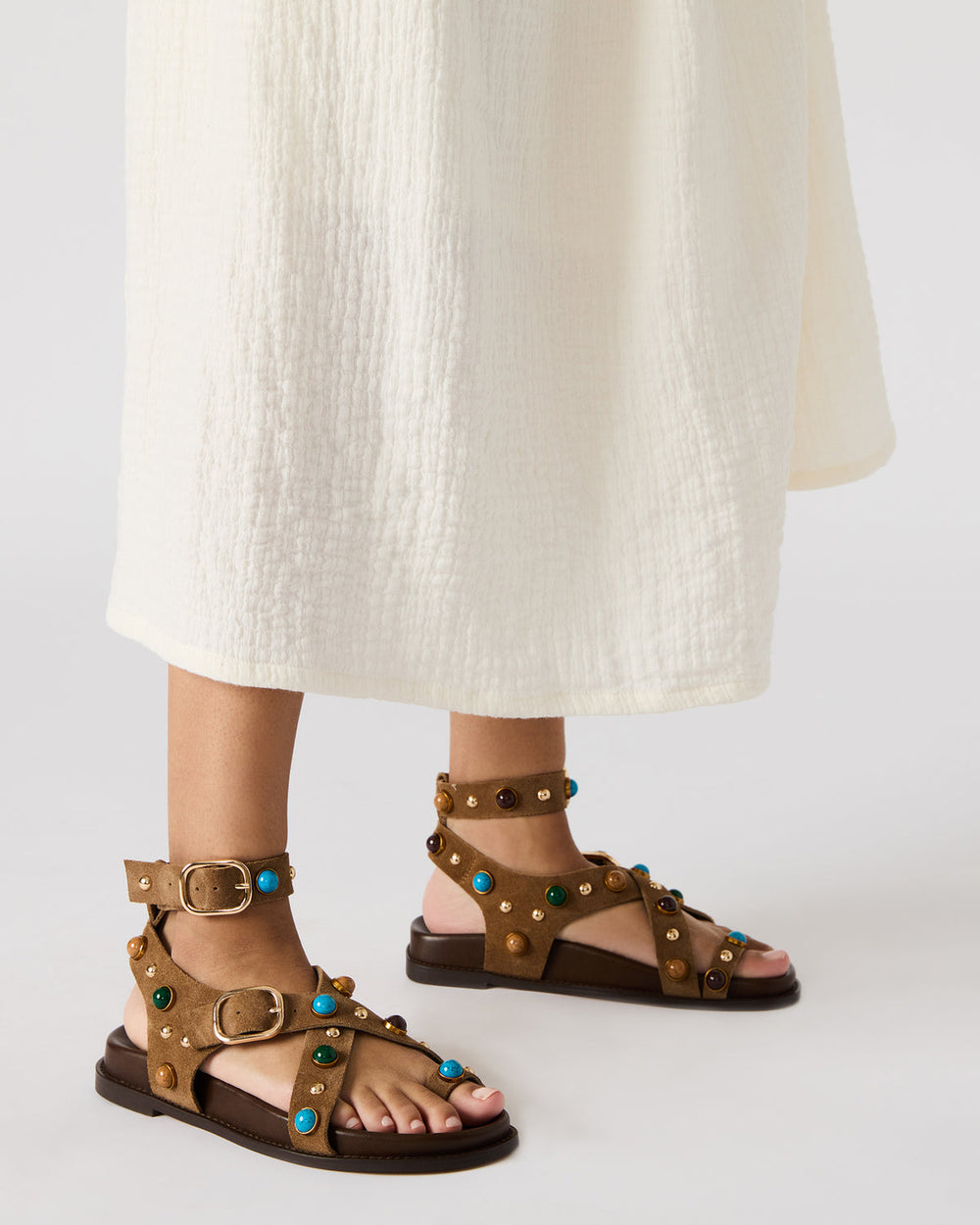 LINEAR Grey Suede Strappy Footbed Studded Women's Sandal