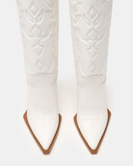 KINZEE White Leather Pointed-Toe Knee-High Western Stiletto Women's Boot