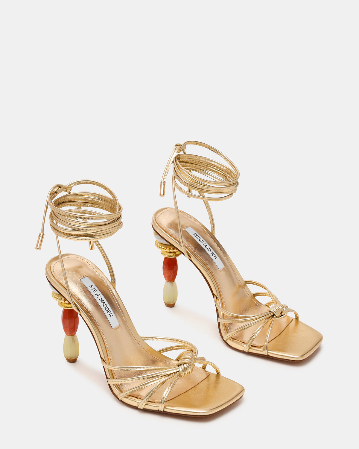 SOLENA Gold Strappy Leg-Tie Square-Toe Women's Sculptured Heel
