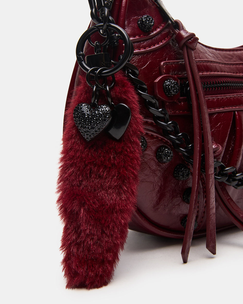 ERIKA Bag Wine Rhinestone Embellished Studded Crinkle Moto Crossbody Handbag