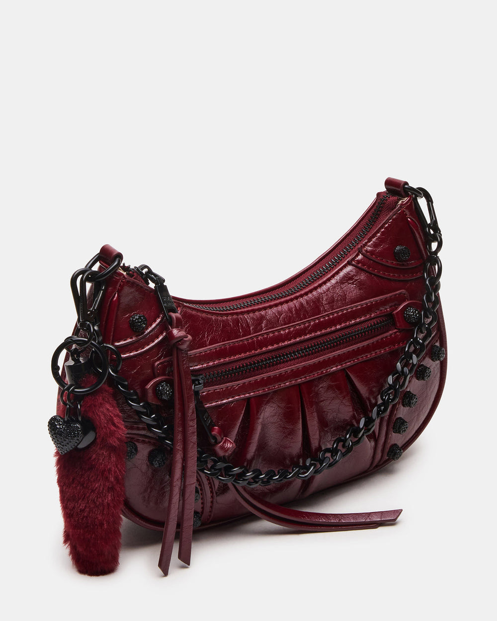 ERIKA Bag Wine Rhinestone Embellished Studded Crinkle Moto Crossbody Handbag
