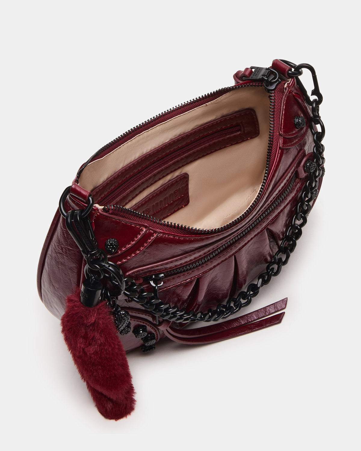 ERIKA Bag Wine Rhinestone Embellished Studded Crinkle Moto Crossbody Handbag