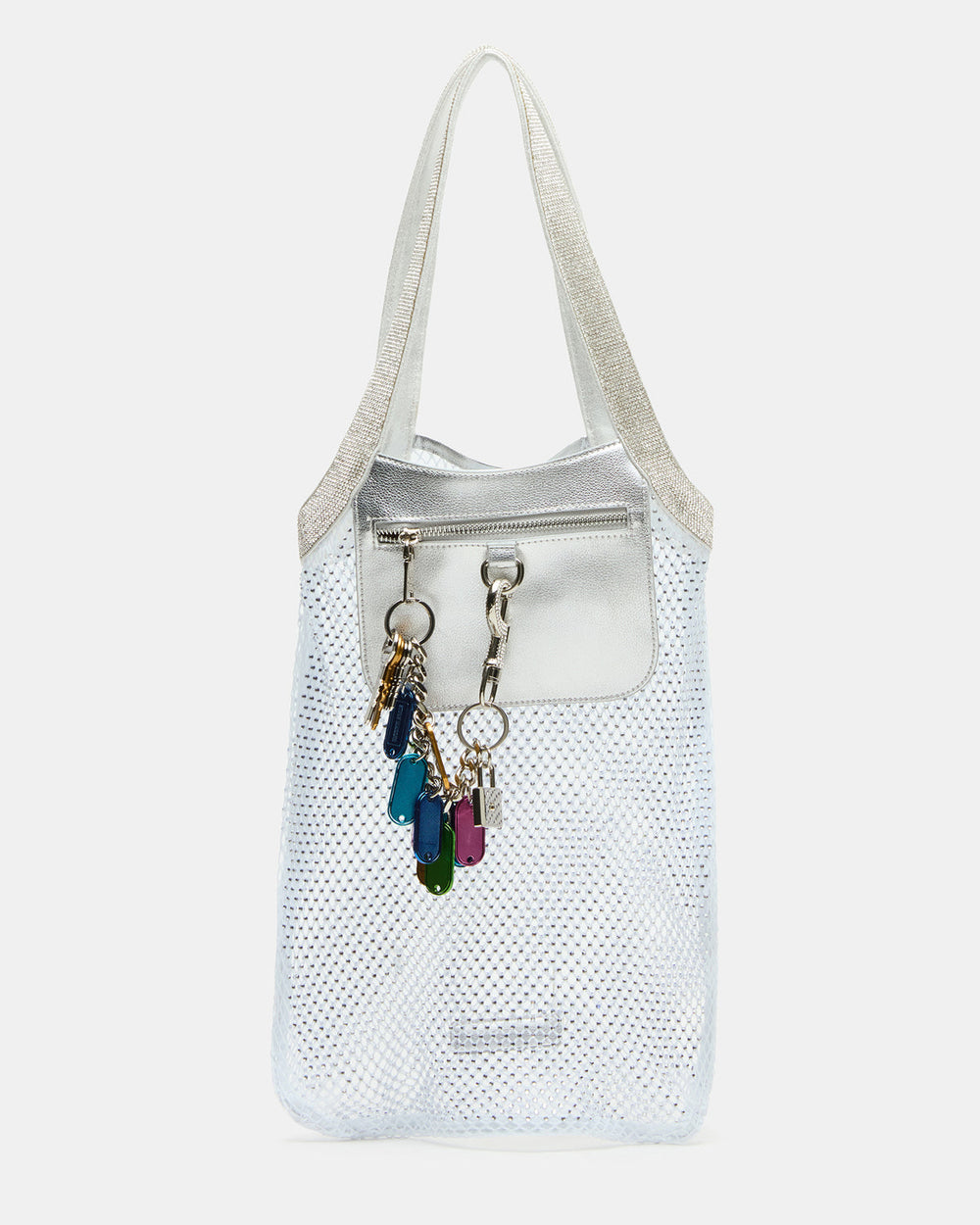 MAKIA White Women's Crystal Rhinestone Shoulder Strap Net Tote Handbag