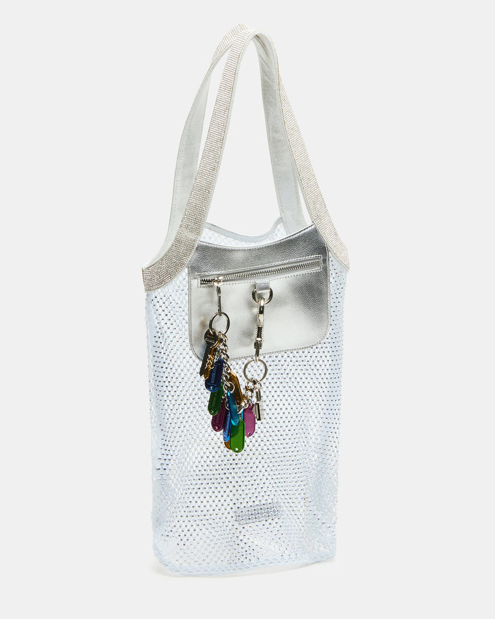 MAKIA White Women's Crystal Rhinestone Shoulder Strap Net Tote Handbag