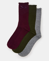 3 PACK FOLLY VELVET BOW RIB CREW SOCKS CHERRY Women's Lettuce Edge Delicate Bow Socks