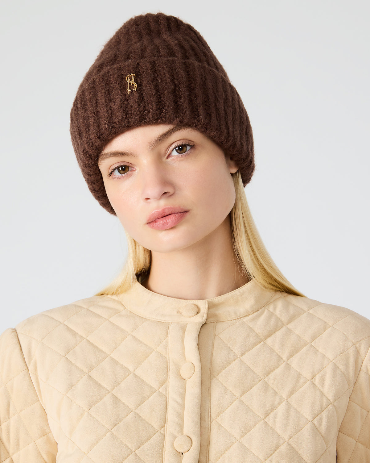 LOGO BEANIE Dark Brown Fuzzy RIbbed Knit Women's Beanie